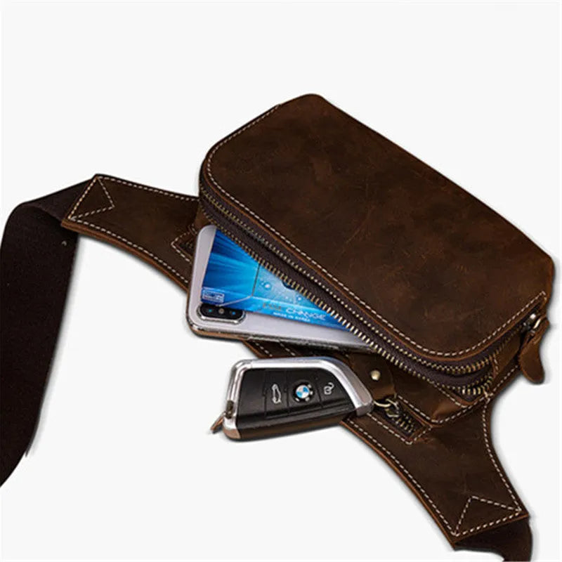 Brown men's sports waist bag made from top layer cowhide leather with pull closure