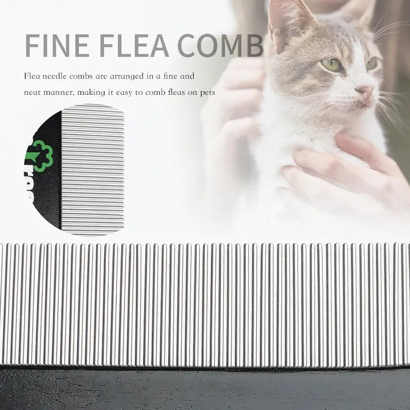 Double-sided pet grooming comb with stainless steel teeth and wood handle