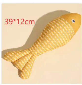 Blue, red or yellow catnip fish toy with natural filling for feline energy and dental health