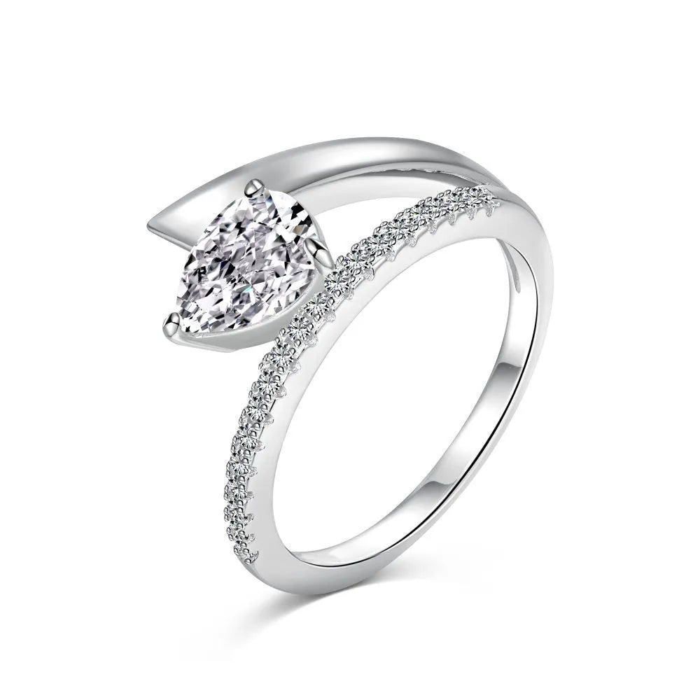 Women's ring with water drop diamond shape, silver electroplated finish, geometric design, available in multiple colours and sizes