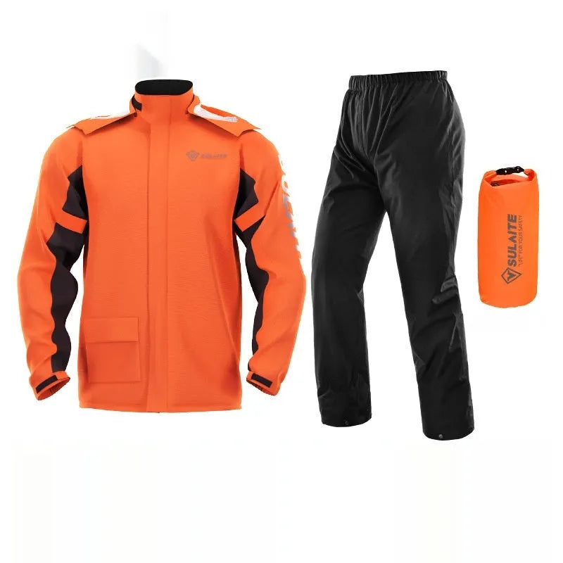 Motorcycle rain suit set showing black raincoat and trousers with shoe covers and storage bag.