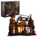 Steampunk train station model built from 1843 plastic blocks with LED lights and flash function