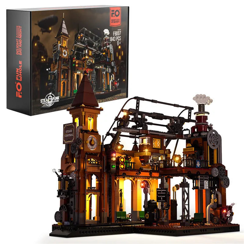 Steampunk train station model built from 1843 plastic blocks with LED lights and flash function