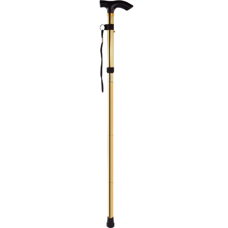 Aluminium alloy folding walking cane extended, showing adjustable sections and non-slip rubber foot.