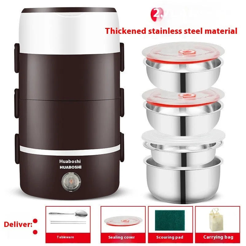 Portable plug-in insulated lunch box with stainless steel inner liner, coffee colour, double layer configuration, on a desk