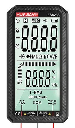 Handheld digital multimeter with large LCD screen showing measurement display