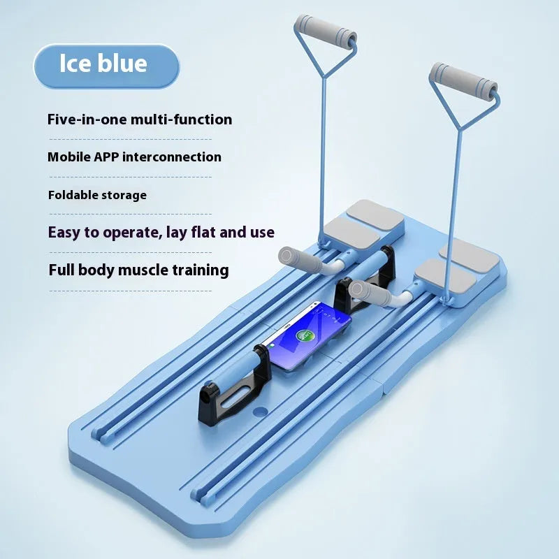 Blue and pink multi-functional five-in-one fitness board with abdominal wheel