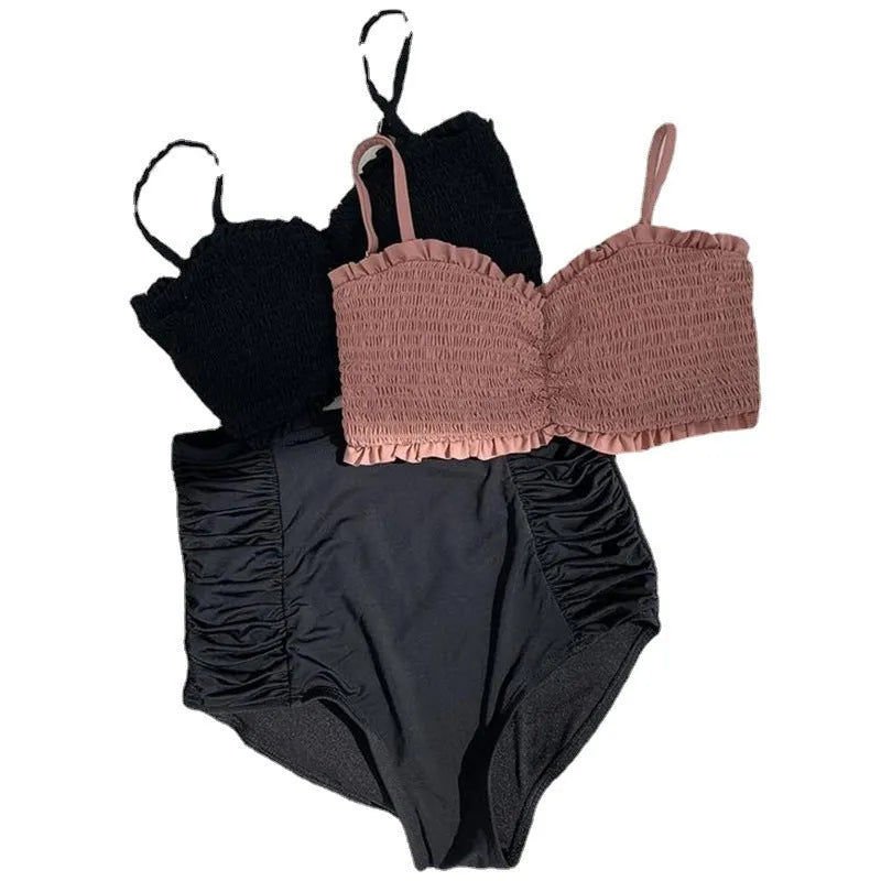 Women's retro high waist bikini set in Cameo brown colour on a neutral background.
