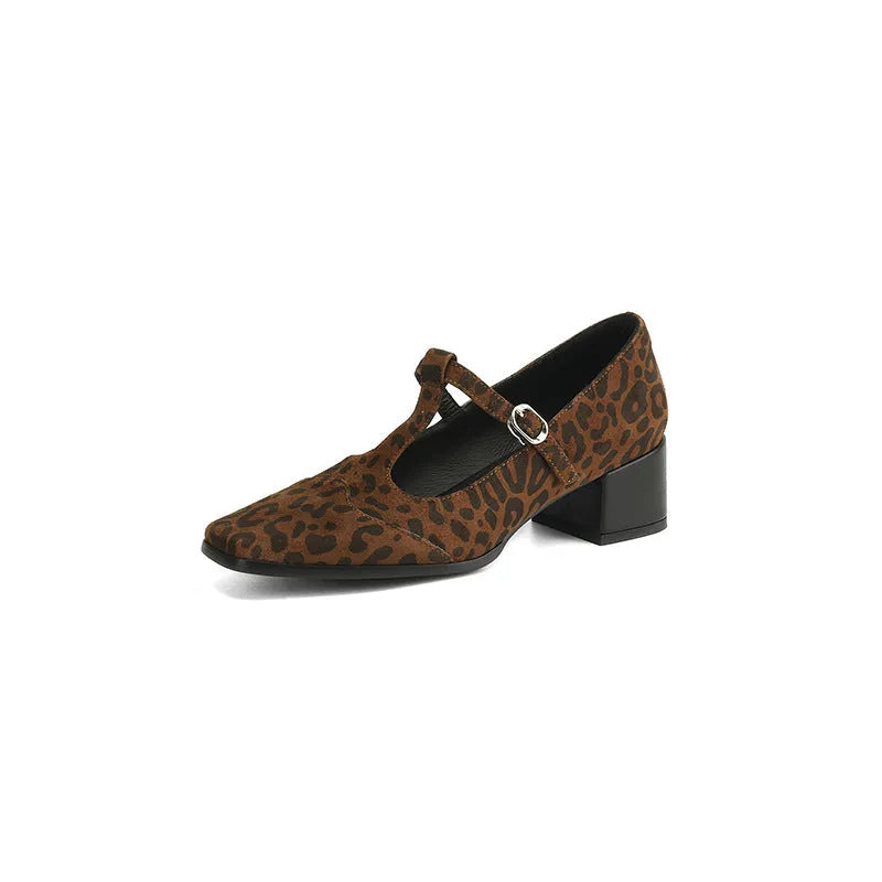 Vintage leopard print square toe sheepskin chunky heel pumps with mid heel 3-5cm