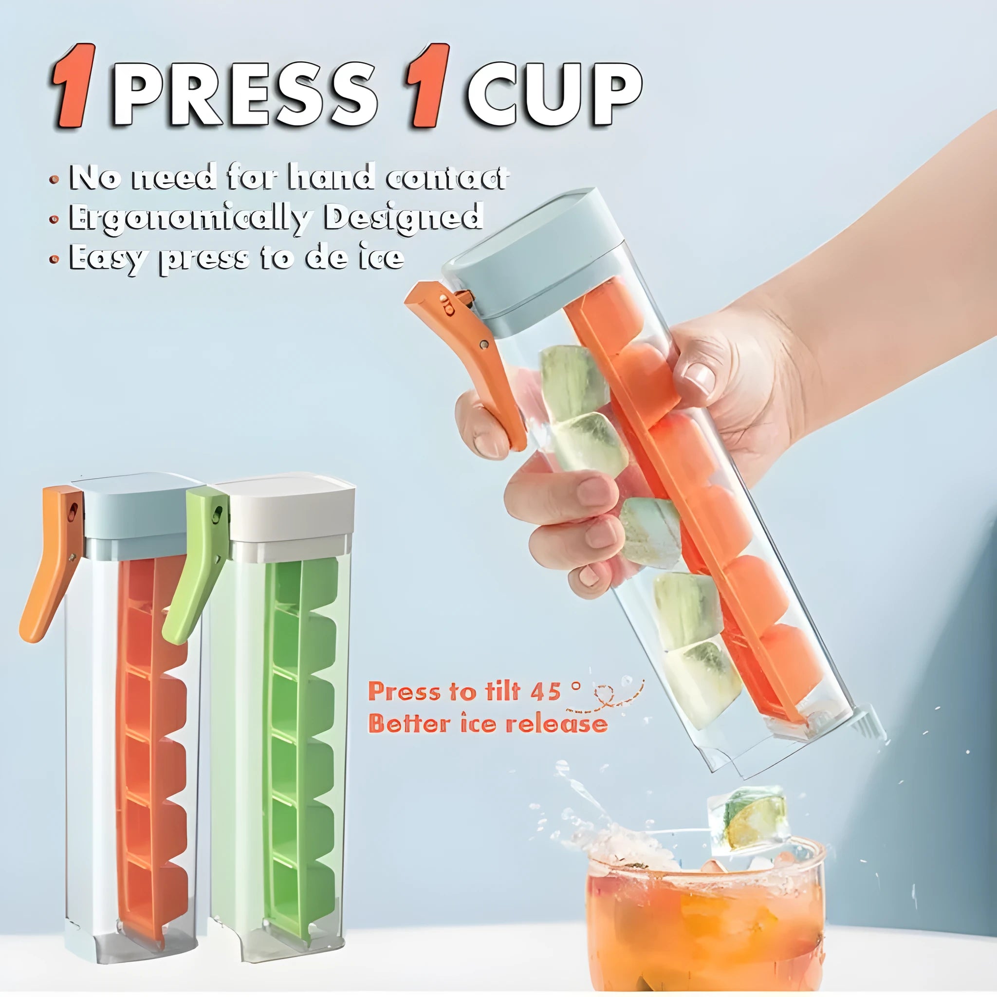 Ice cube mold with storage box showing one-touch release mechanism and food-grade PET construction