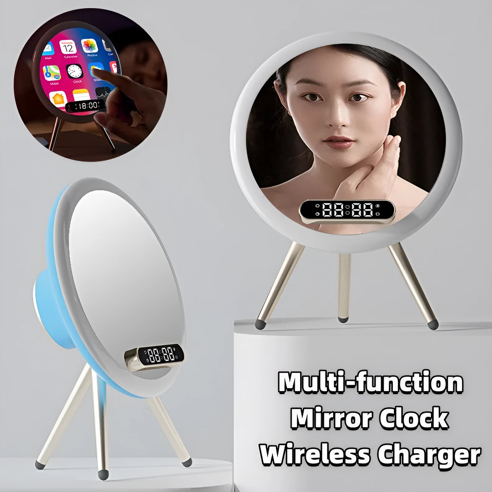 Multi-function LED mirror alarm clock with wireless charger and Bluetooth speaker in white, showing clock display and acrylic mirror surface