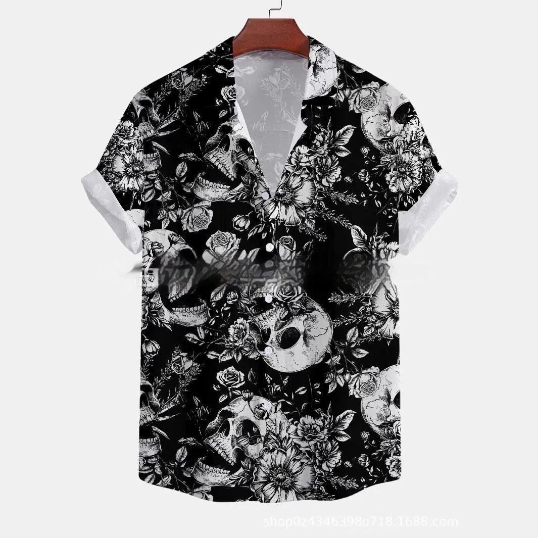 Men's casual short-sleeved printed shirt with flower pattern, loose fit cardigan style