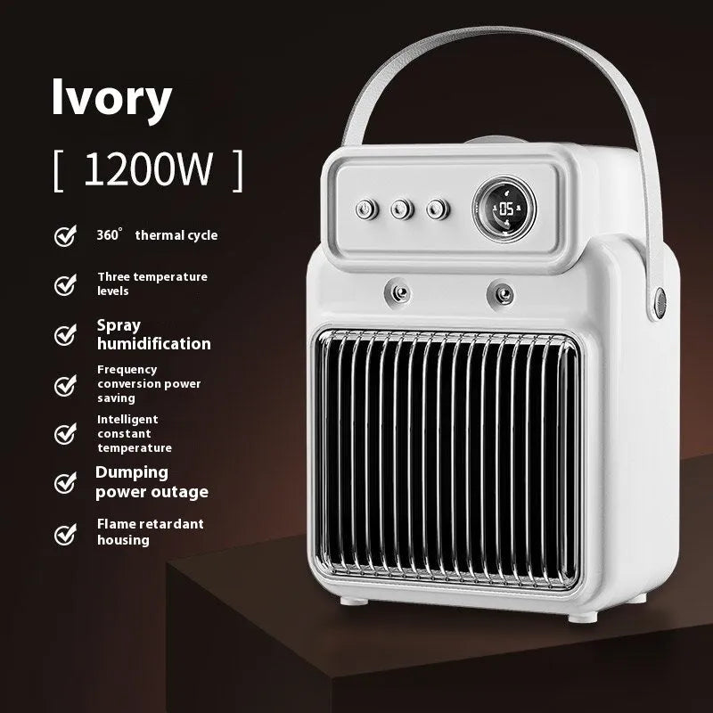 White portable table heater with humidifier function and digital control panel.