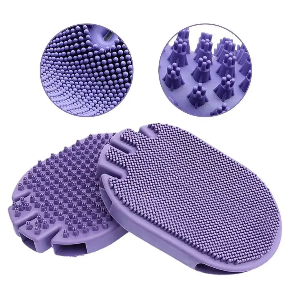 Purple dual-sided pet massage shampoo brush with soft TPR bristles for dog and cat grooming
