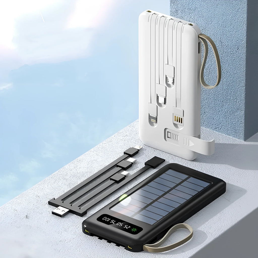 Black and white solar power bank with digital capacity display and a multi-connector charging cable