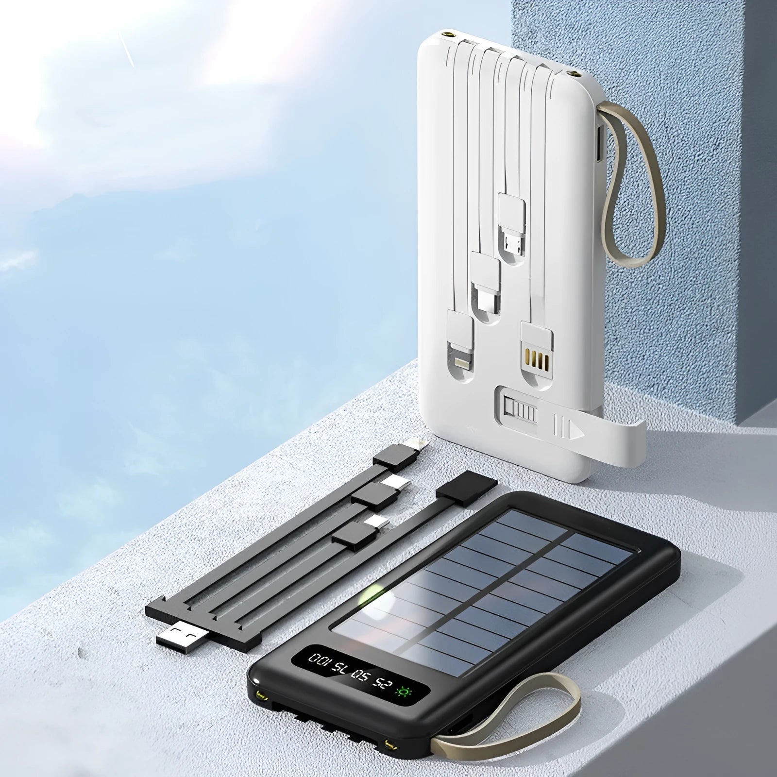 Solar Super Capacity Power Bank in black or white, showing solar panel and compact 144mm design.
