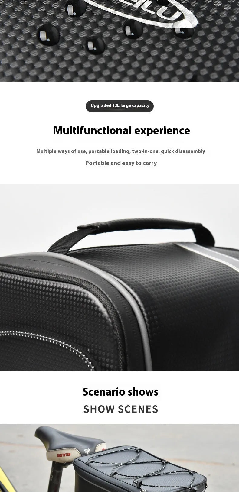 Black waterproof PU leather bicycle rack bag with 12 litre capacity for car backseat equipment transport