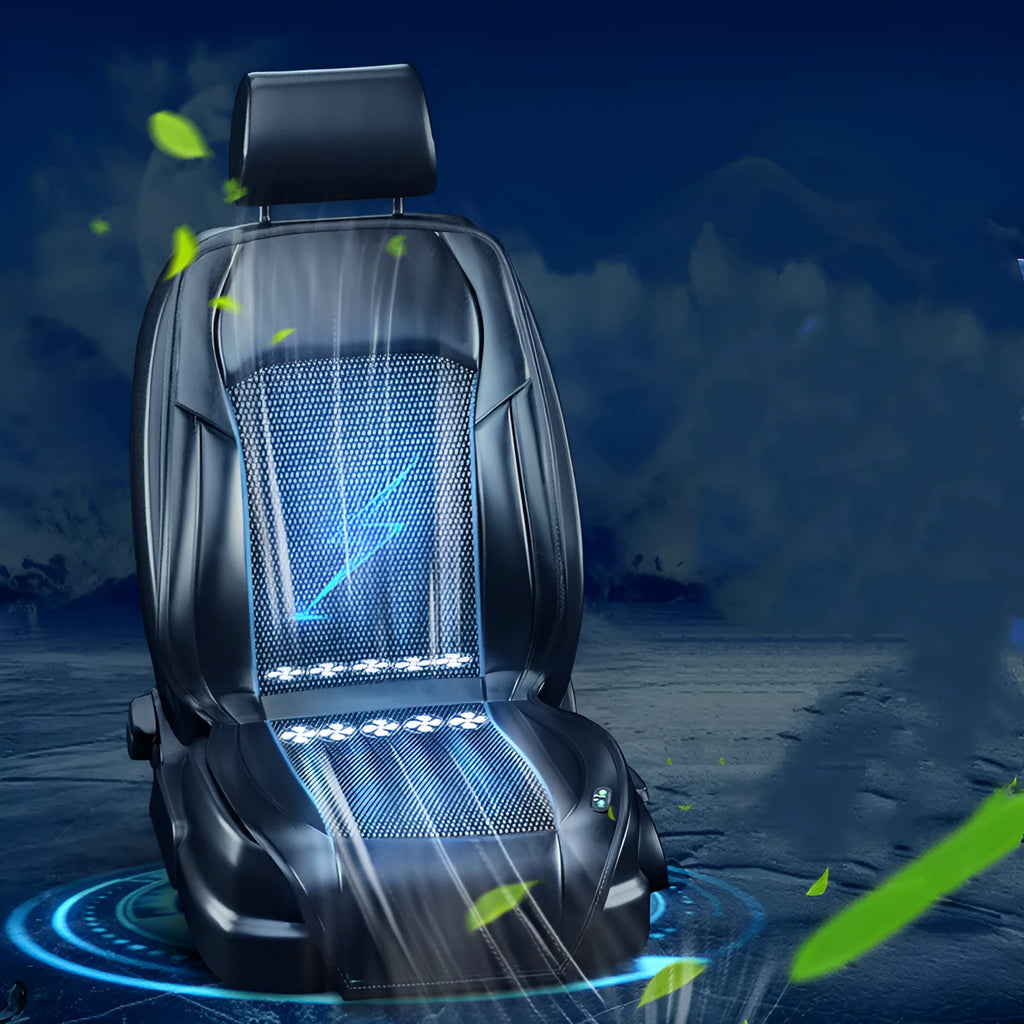Brown ventilated car seat cushion with multiple cooling fans, plugged into a 12V cigarette lighter socket.