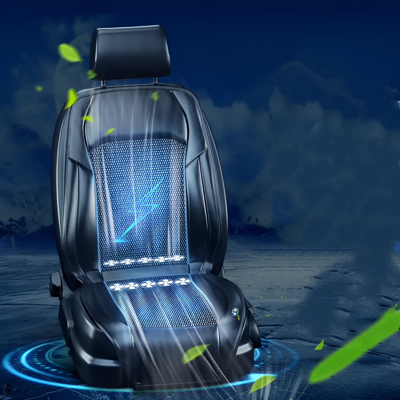 Brown ventilated car seat cushion with multiple cooling fans, plugged into a 12V cigarette lighter socket.