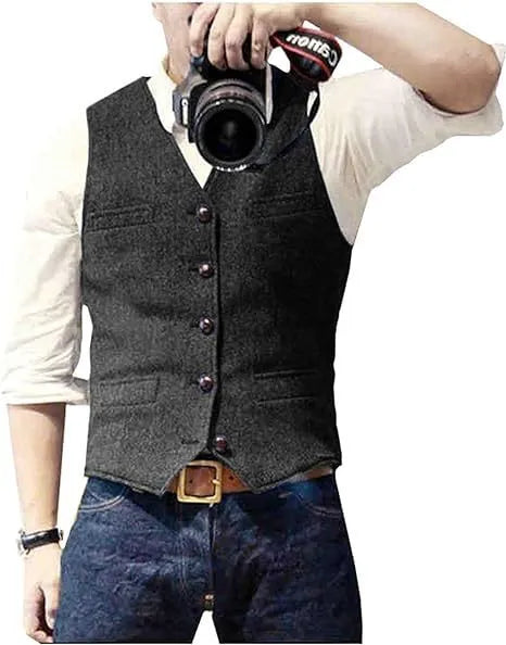 Fashion casual herringbone men's vest in slim fit viscose, available in multiple colours including brown and navy blue
