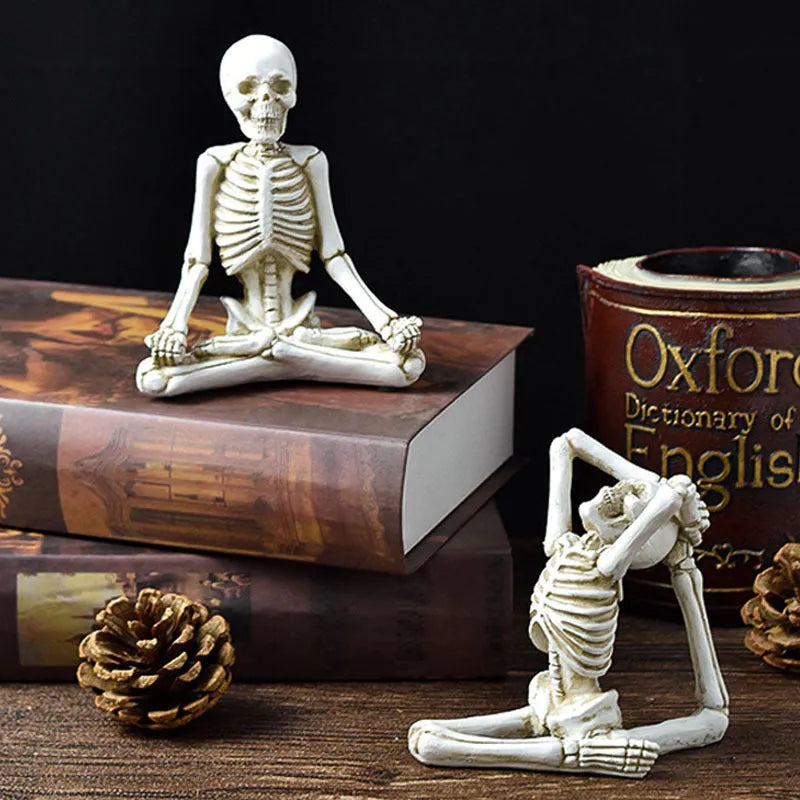 Detailed yoga skull skeleton model resin desktop ornament in black or white.