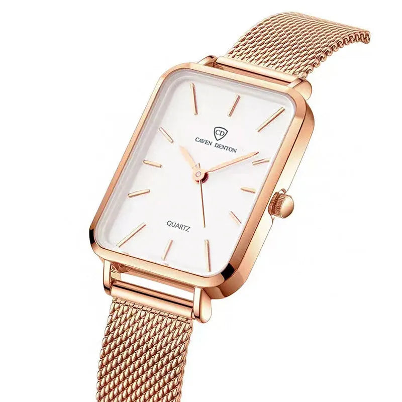 Women's rose gold waterproof quartz watch with woven steel strap and alloy case.