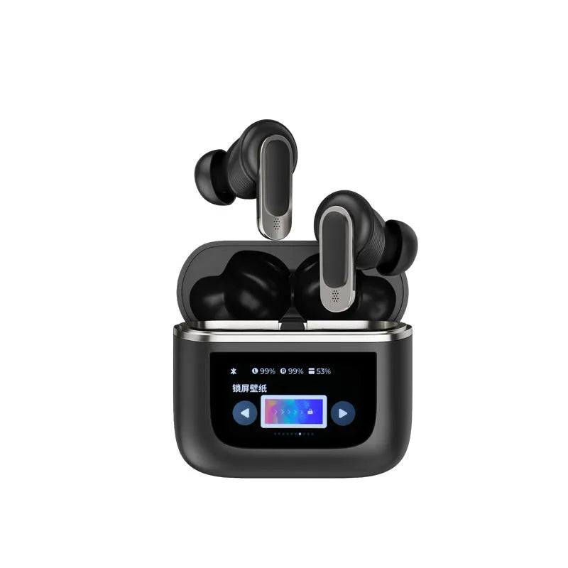 Black wireless in-ear headphones with a touch screen panel on the earpiece.