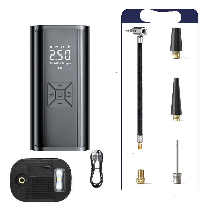 Portable wireless digital display car tyre pump with ABS housing and metal components.