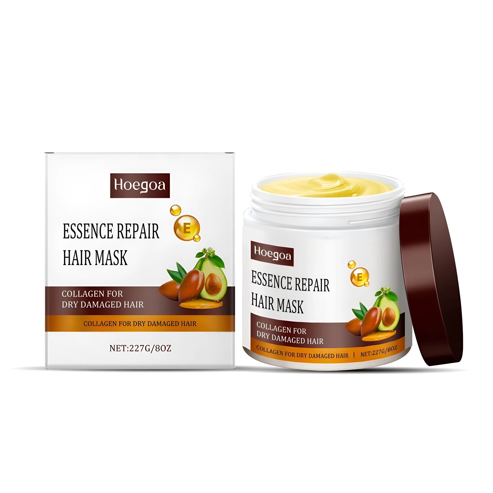 Open jar of creamy collagen repair hair mask with avocado oil and keratin.