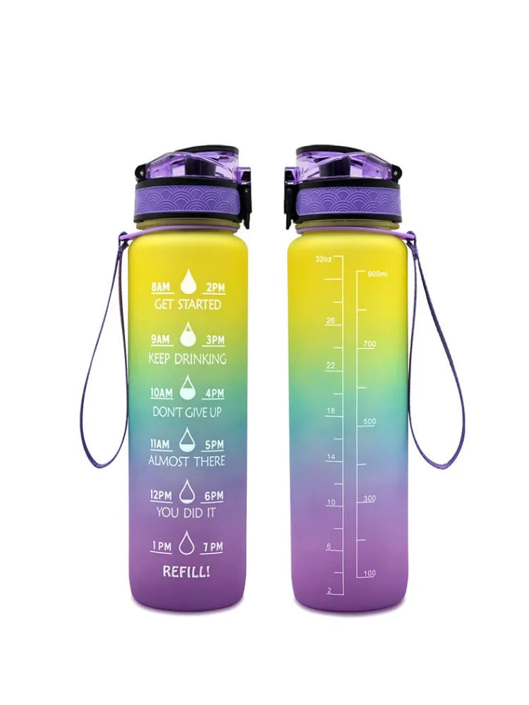 Transparent 1000ml sports water bottle with fruit infuser lid showing BPA-free Tritan plastic construction