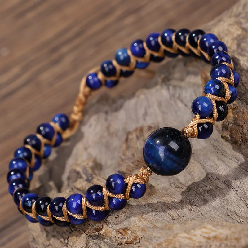 Handmade woven pull bracelet with geometric pattern in Tigereye or Amethyst stone beads