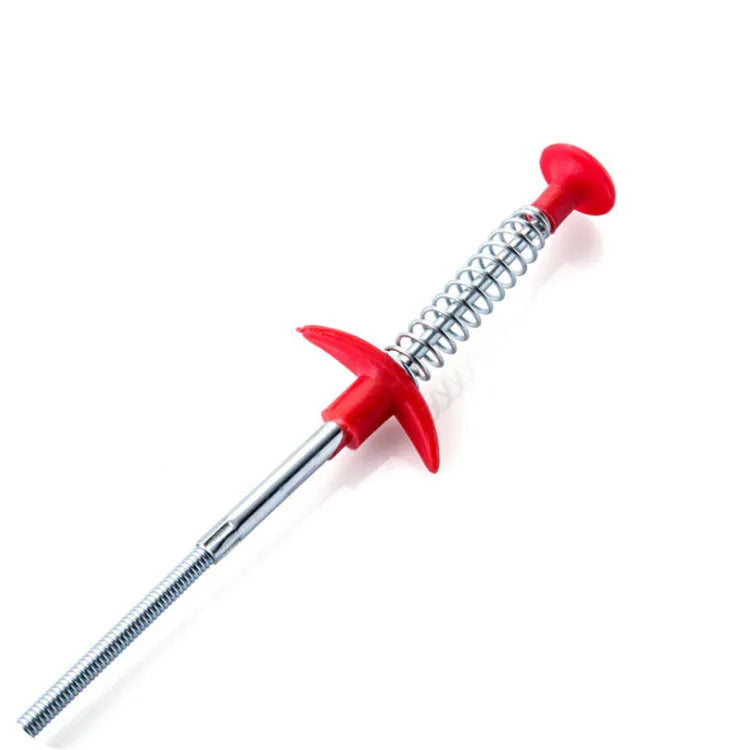 Flexible drain cleaning spring tool with gripped handle for removing hair from pipes