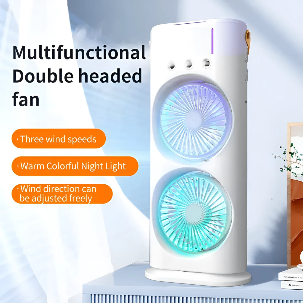 White portable double-ended spray fan air cooler with humidifying mist function and remote control