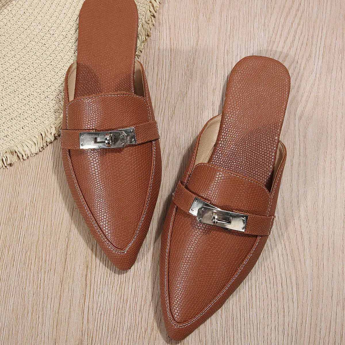 Light brown women's pointed-toe leisure semi-slippers with low heel and rubber sole