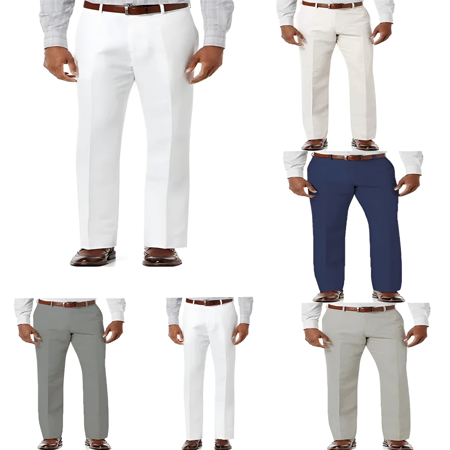 Men's beige white linen casual trousers with slant pockets laid flat.