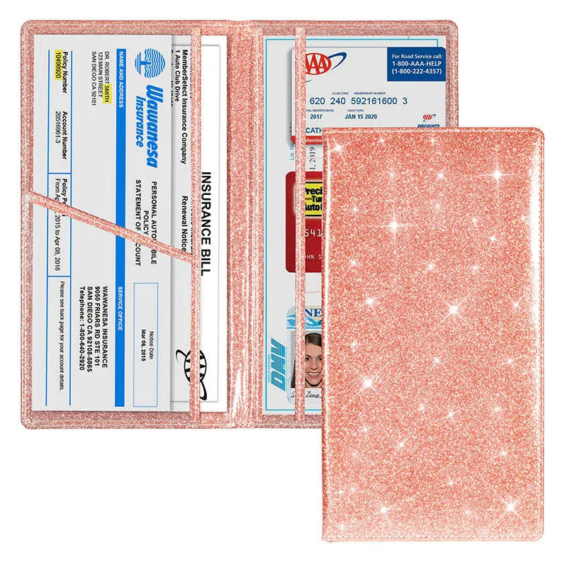 Purple PU leather car insurance and registration document wallet lying flat, showing its slim 24cm profile.
