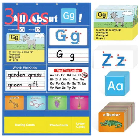 Creative Letters Learning Sleeve Table Chart, a blue fabric play mat with card sleeves, surrounded by letter, picture, and word cards.