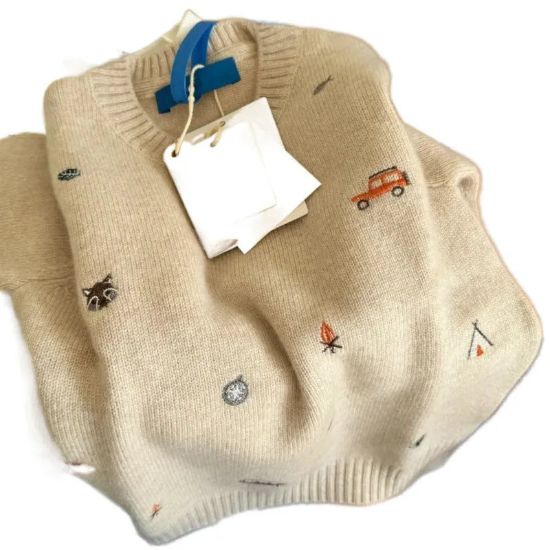 Children's cartoon embroidery pullover sweater in khaki, long sleeves, Vinylon fabric, winter wear, neutral gender