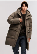 Long black waterproof winter coat with duck down filling, front view, available in multiple sizes