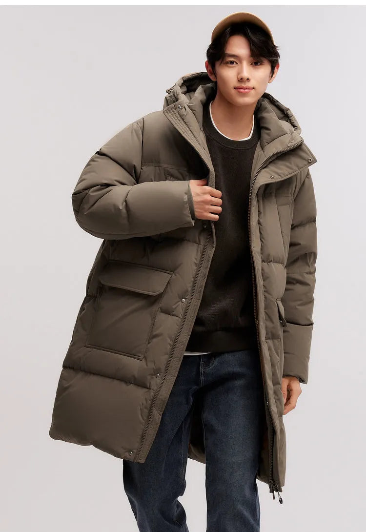 Long black waterproof winter coat with duck down filling, front view, available in multiple sizes