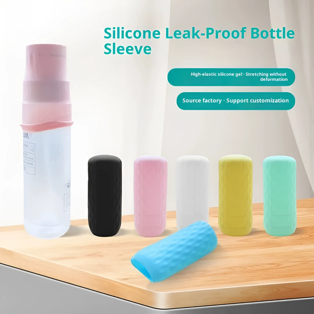 Set of six silicone travel bottle protective cases in sky blue, mint, yellow, white, pink, and black on a white background