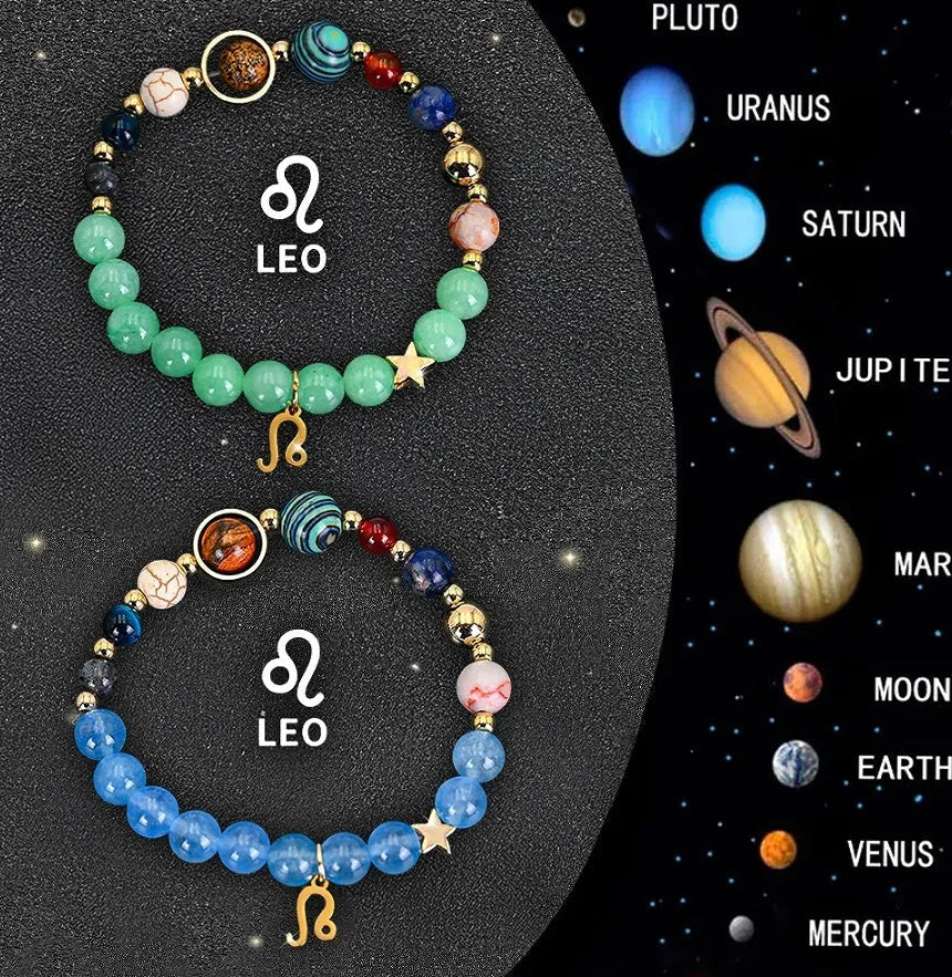 Set of twelve natural stone beaded bracelets for each zodiac sign on a flat surface.