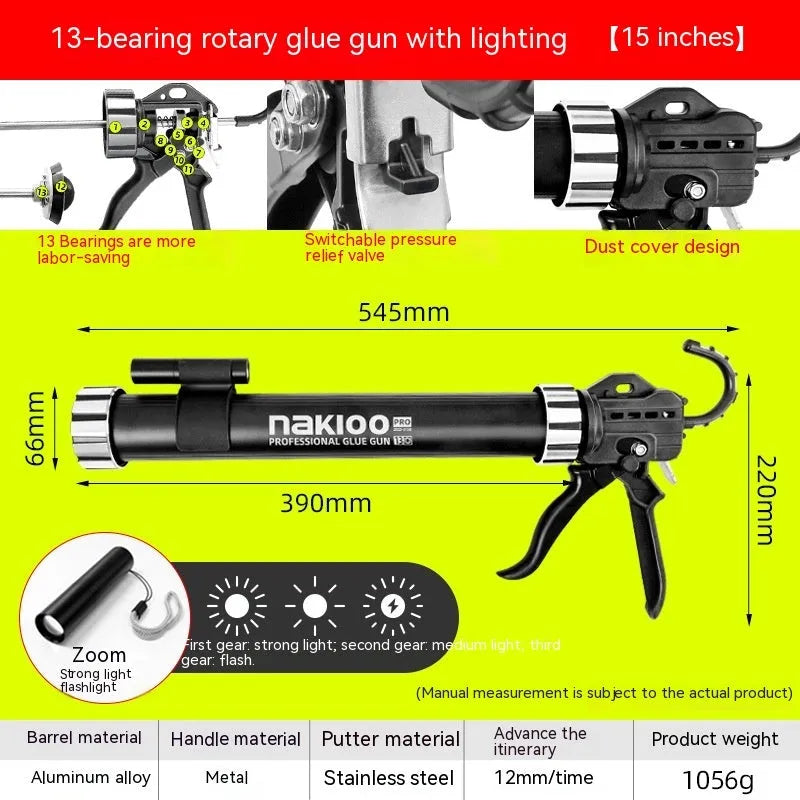 Aluminium alloy automatic adhesive breaking glass glue gun with 13 bearing structure.