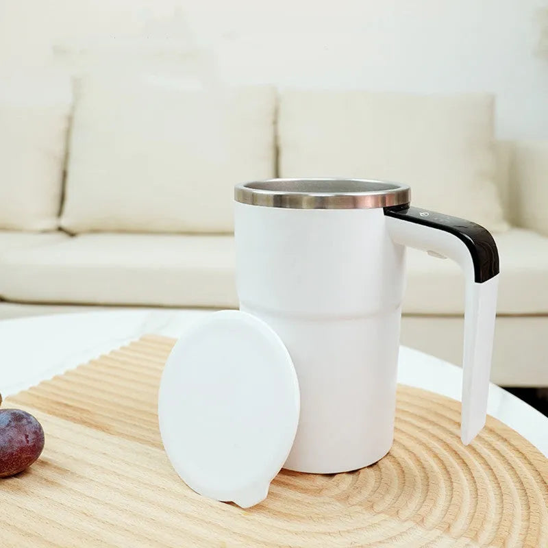 Black and white USB rechargeable electric coffee mug with LCD display and magnetic stirrer