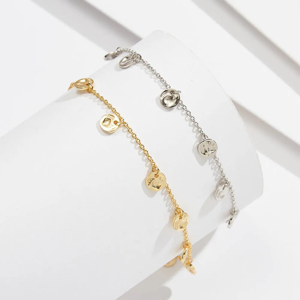 S925 sterling silver anklet with round geometry design and adjustable clasp in gold or platinum finish