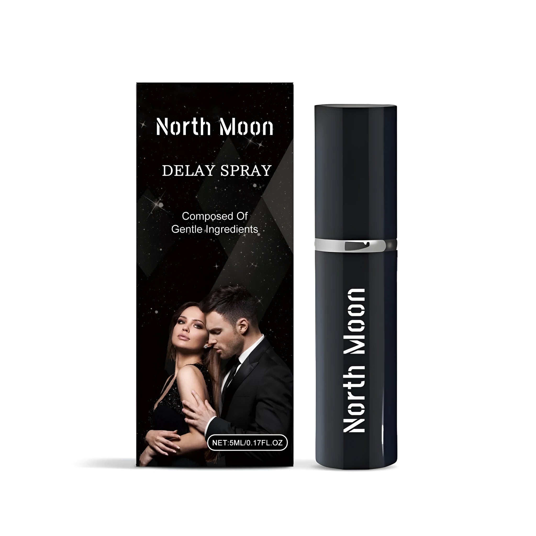 Men's delayed spray bottle showing 5ml size with ingredient list including turmeric and ginger extract.
