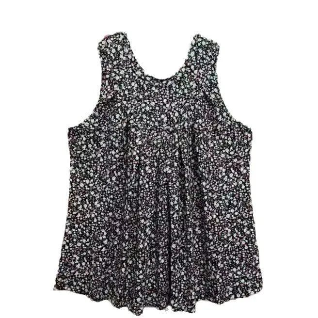 Black plus-size sleeveless vest with floral print detail, shown on a hanger.