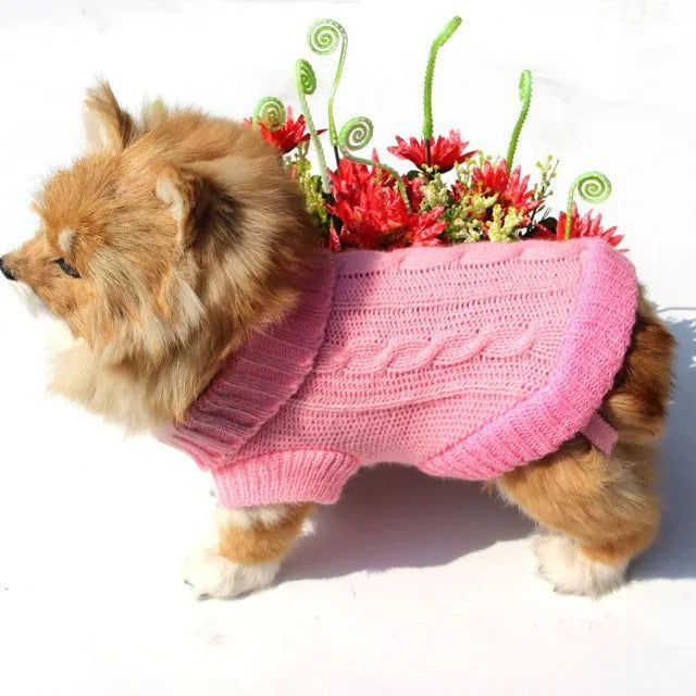 Knitted wool dog sweater with fabric buttons on a white background, shown in blue