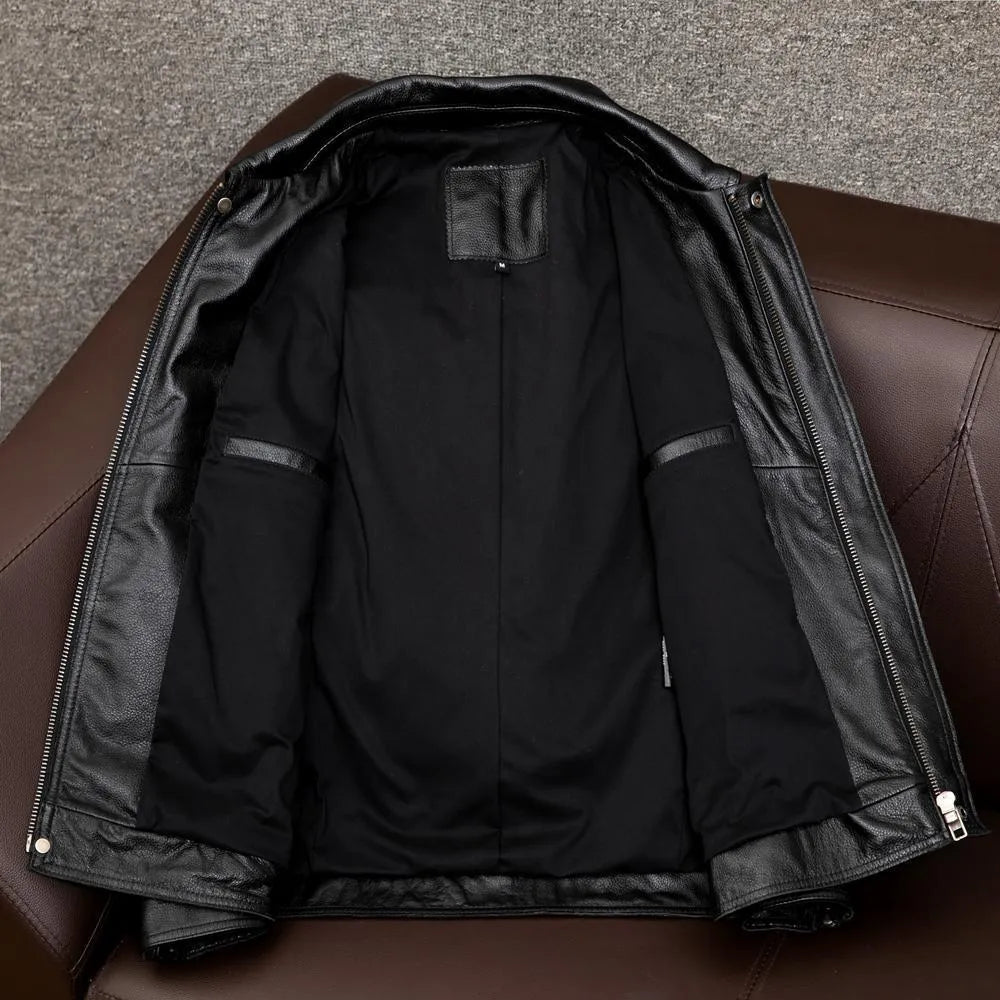 Men's plus size lapel leather jacket in black or brown with side pockets