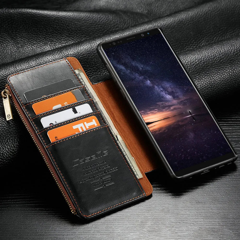 Black PU leather flip phone case open and closed, showing fit for Samsung Note9.